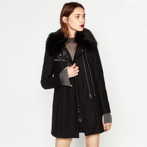 Zara Faux Fur and Leather Collar Zip Coat